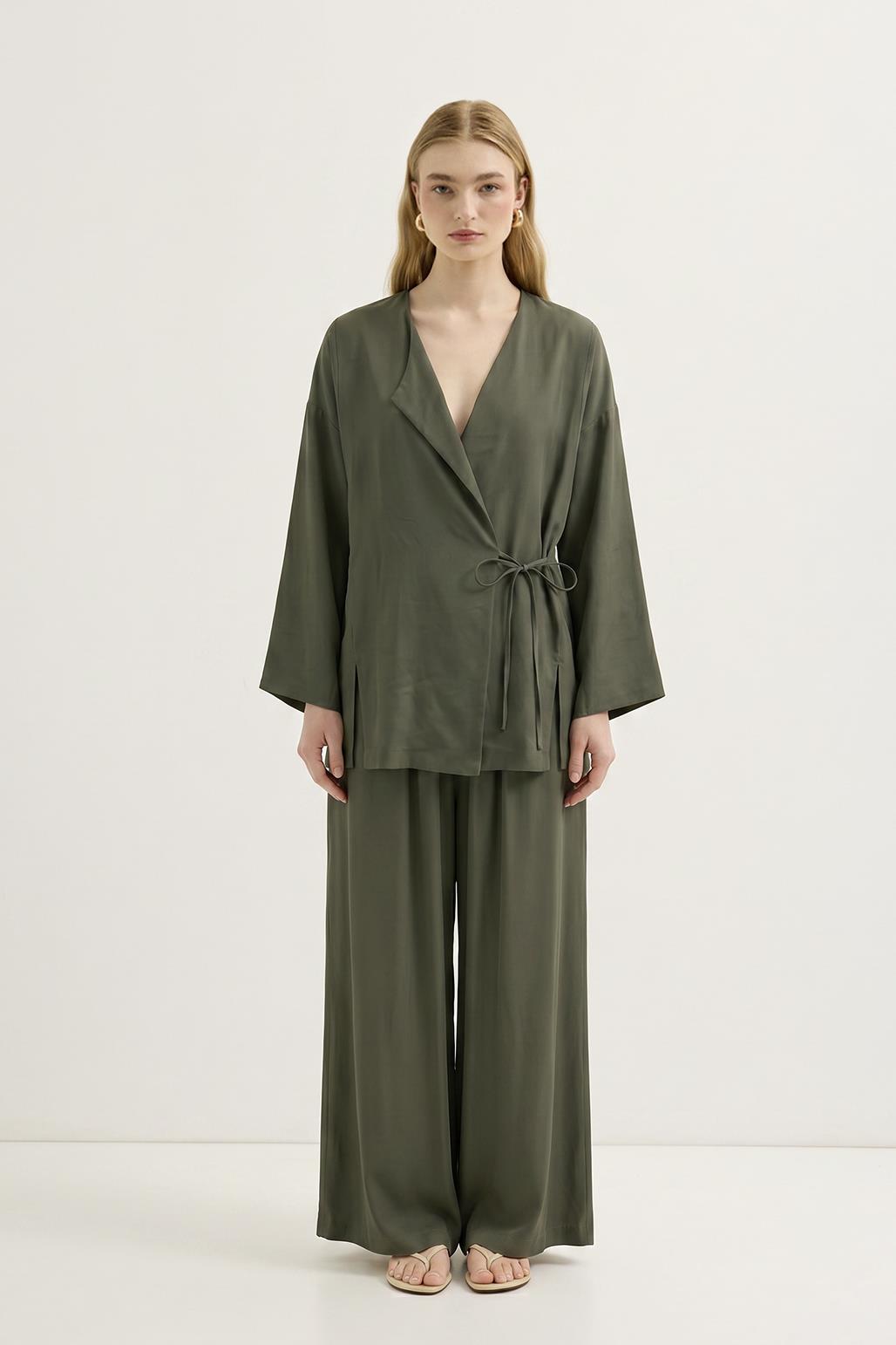 Bağlamalı Kimono Modal Pantolon Takım Haki