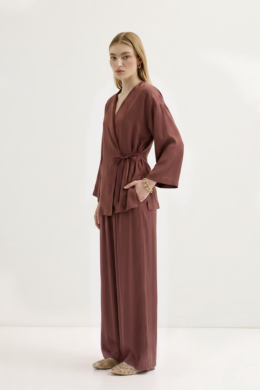 Bağlamalı Kimono Modal Pantolon Takım Mercan