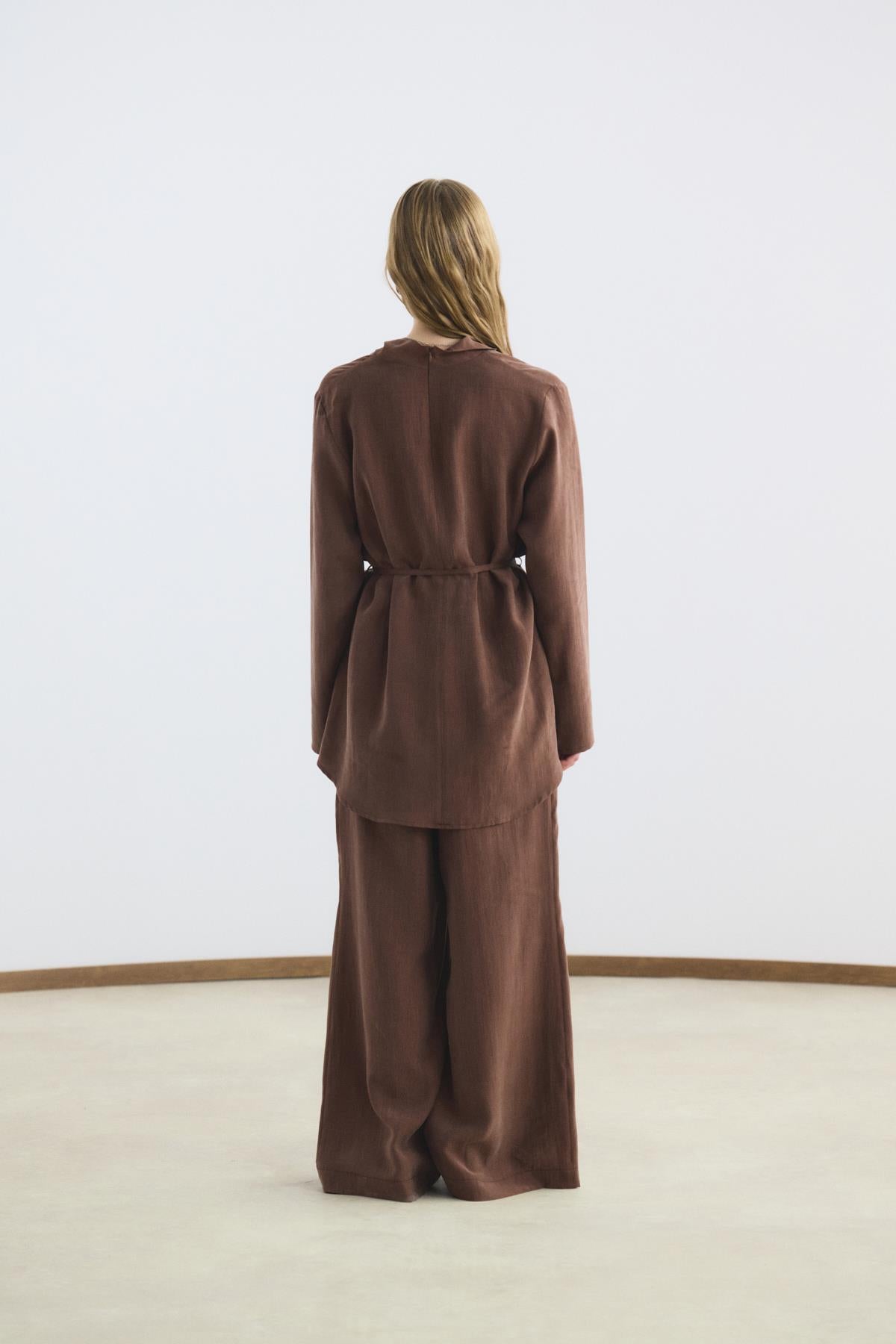 Drape Yaka Tensel Tunik Pantolon Takım Kestane