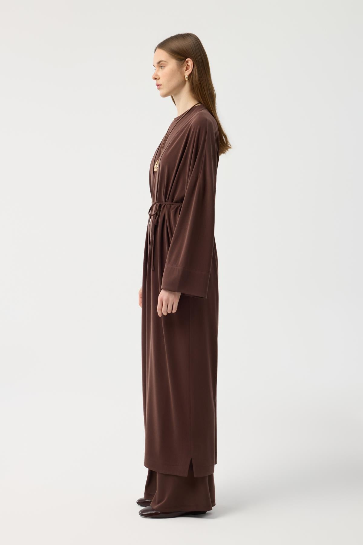 Modal Cupra Pantolon Bluz Abaya Takım Kahverengi