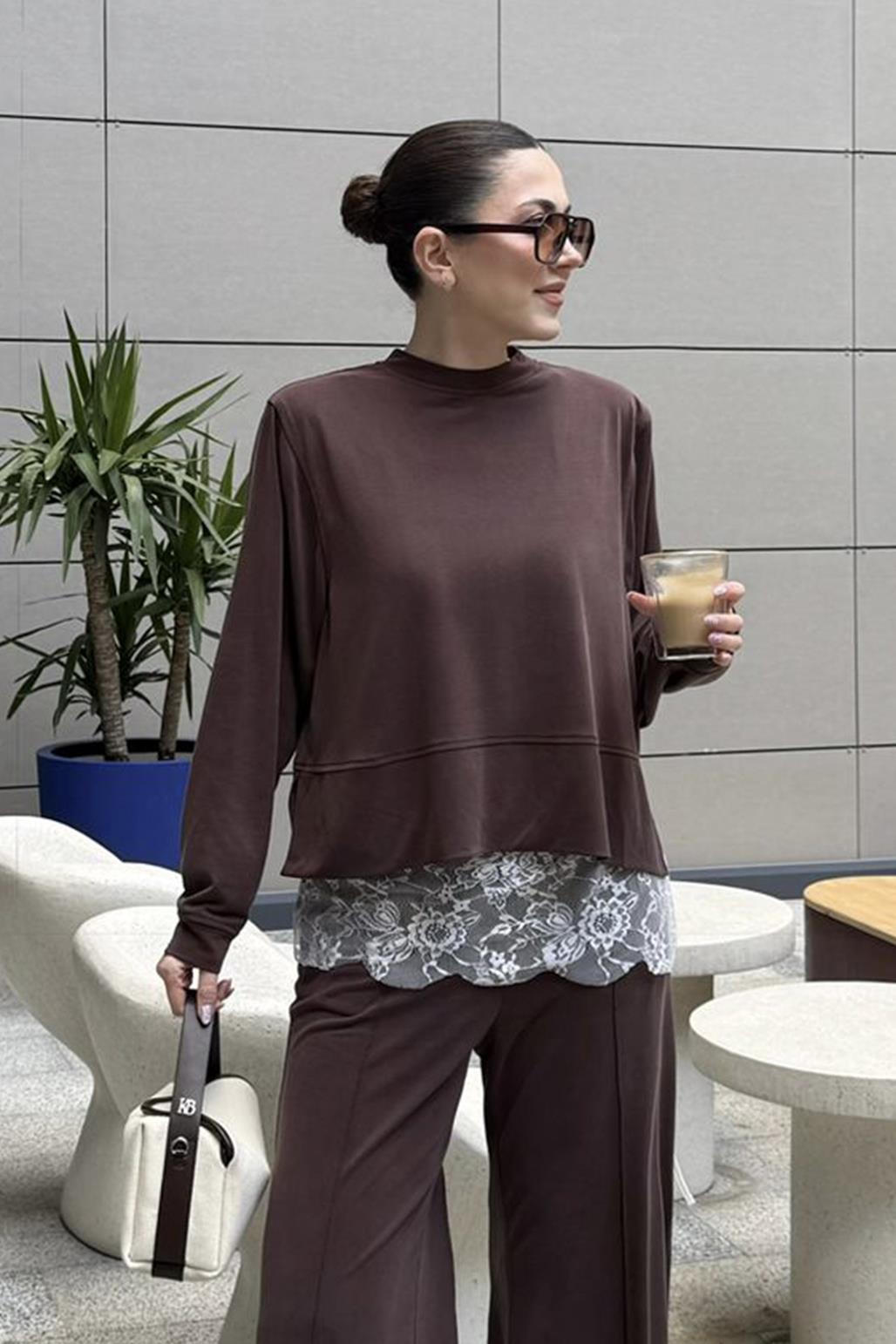 Modal Cupra Yırtmaçlı Kısa Sweatshirt Kahverengi