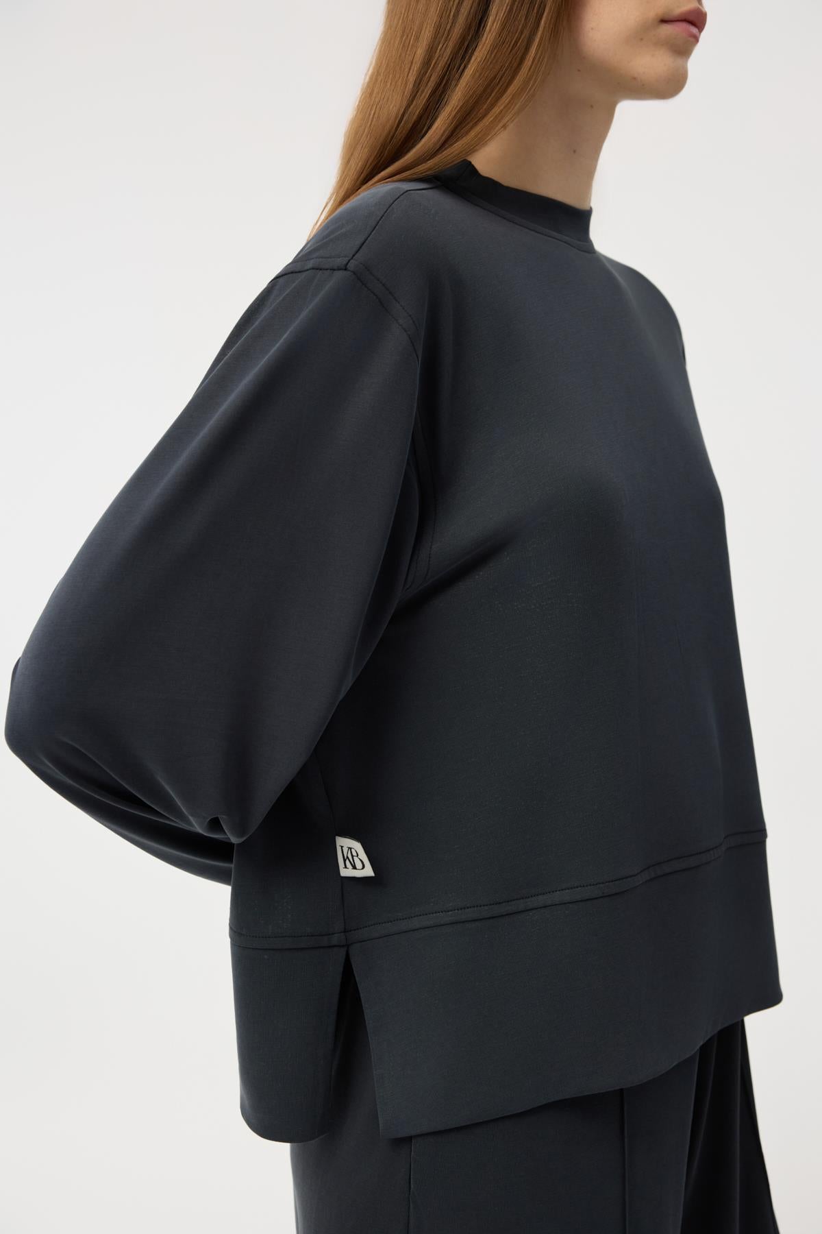 Modal Cupra Yırtmaçlı Kısa Sweatshirt Siyah