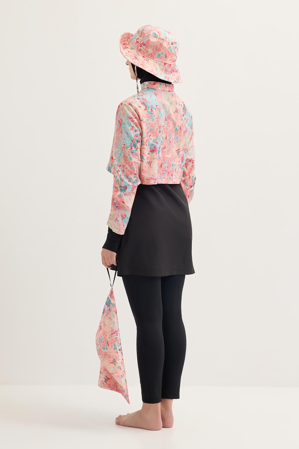 Paraşüt Floral Desenli Çift Katlı Tesettür Mayo Takım Açık Pembe