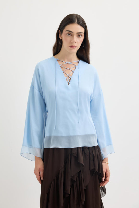 Bağlama Detaylı Oversize Tunik Açık Mavi
