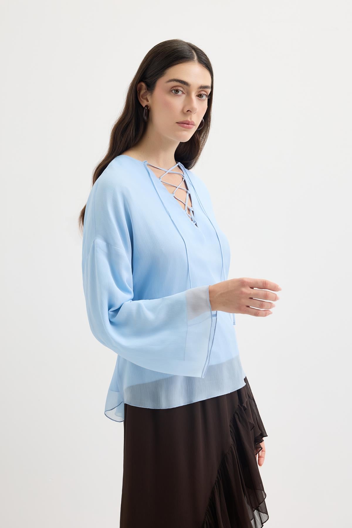 Bağlama Detaylı Oversize Tunik Açık Mavi