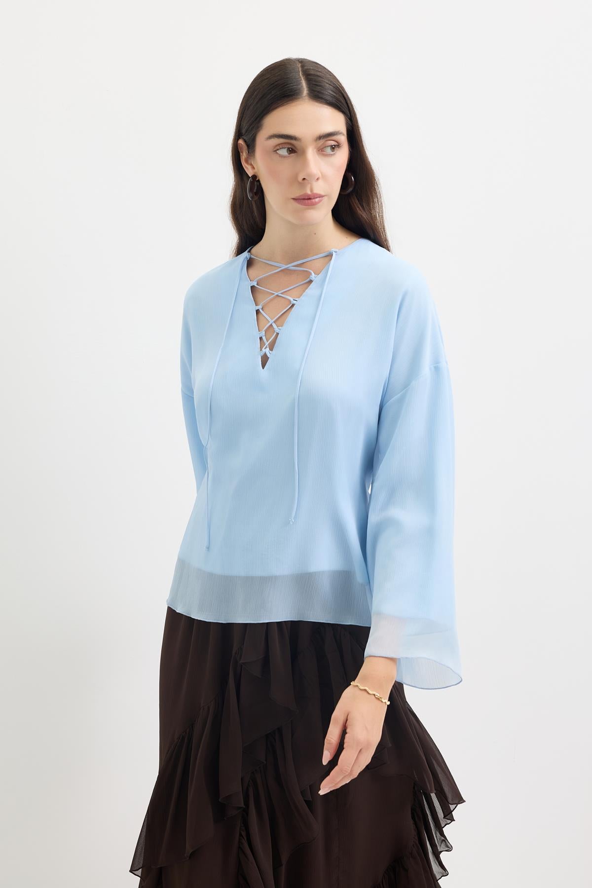 Bağlama Detaylı Oversize Tunik Açık Mavi