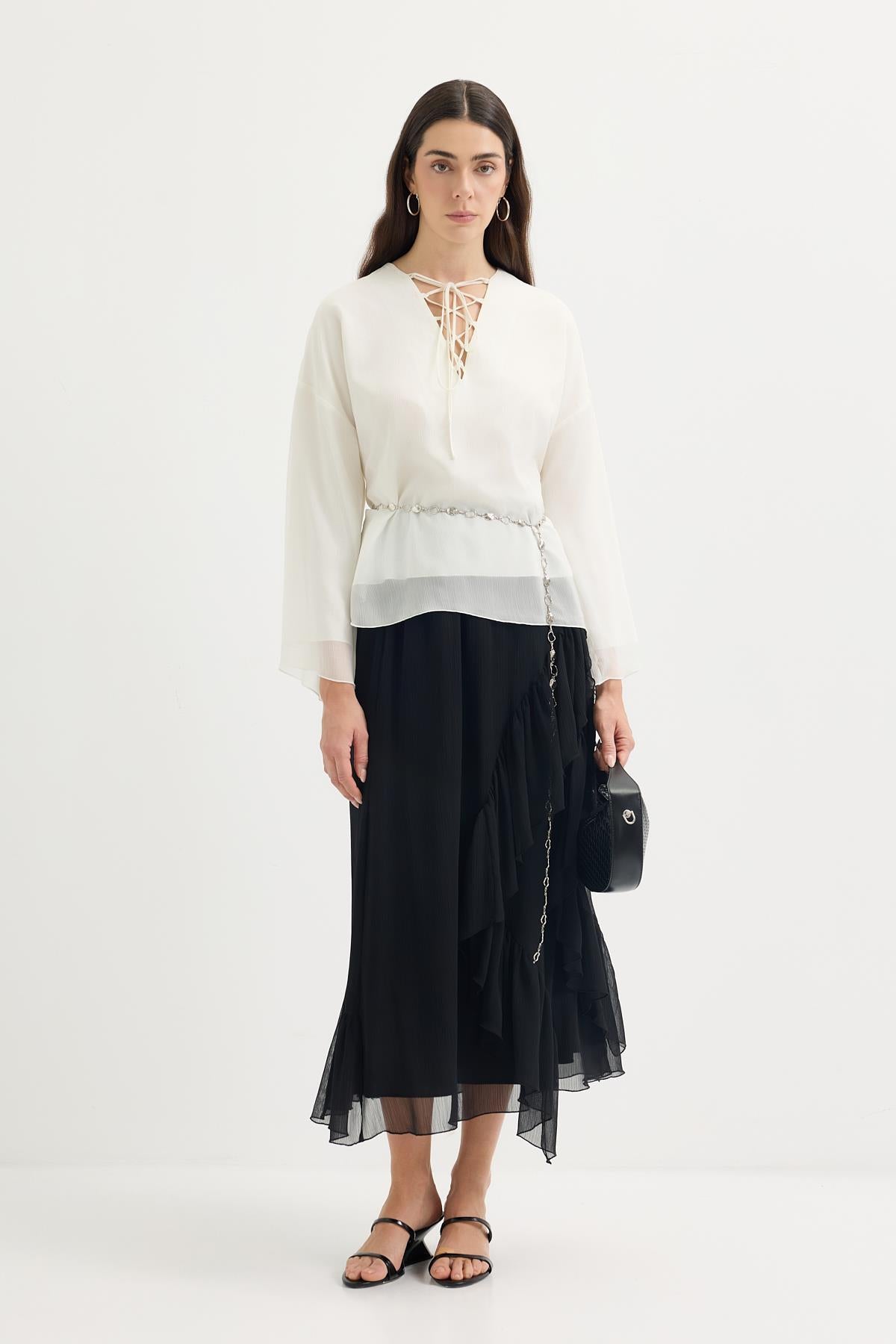 Bağlama Detaylı Oversize Tunik Ekru