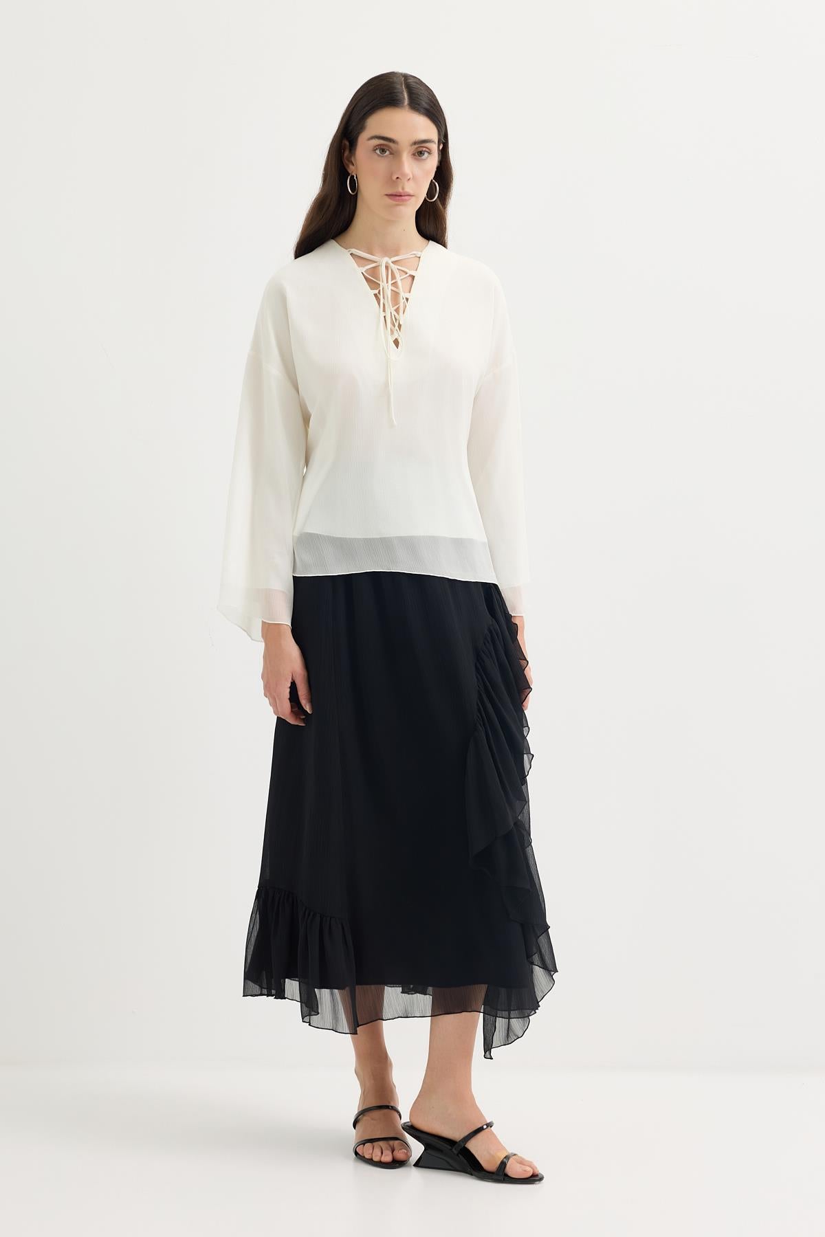 Bağlama Detaylı Oversize Tunik Ekru