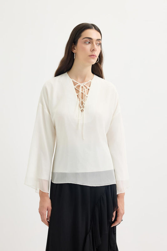 Bağlama Detaylı Oversize Tunik Ekru