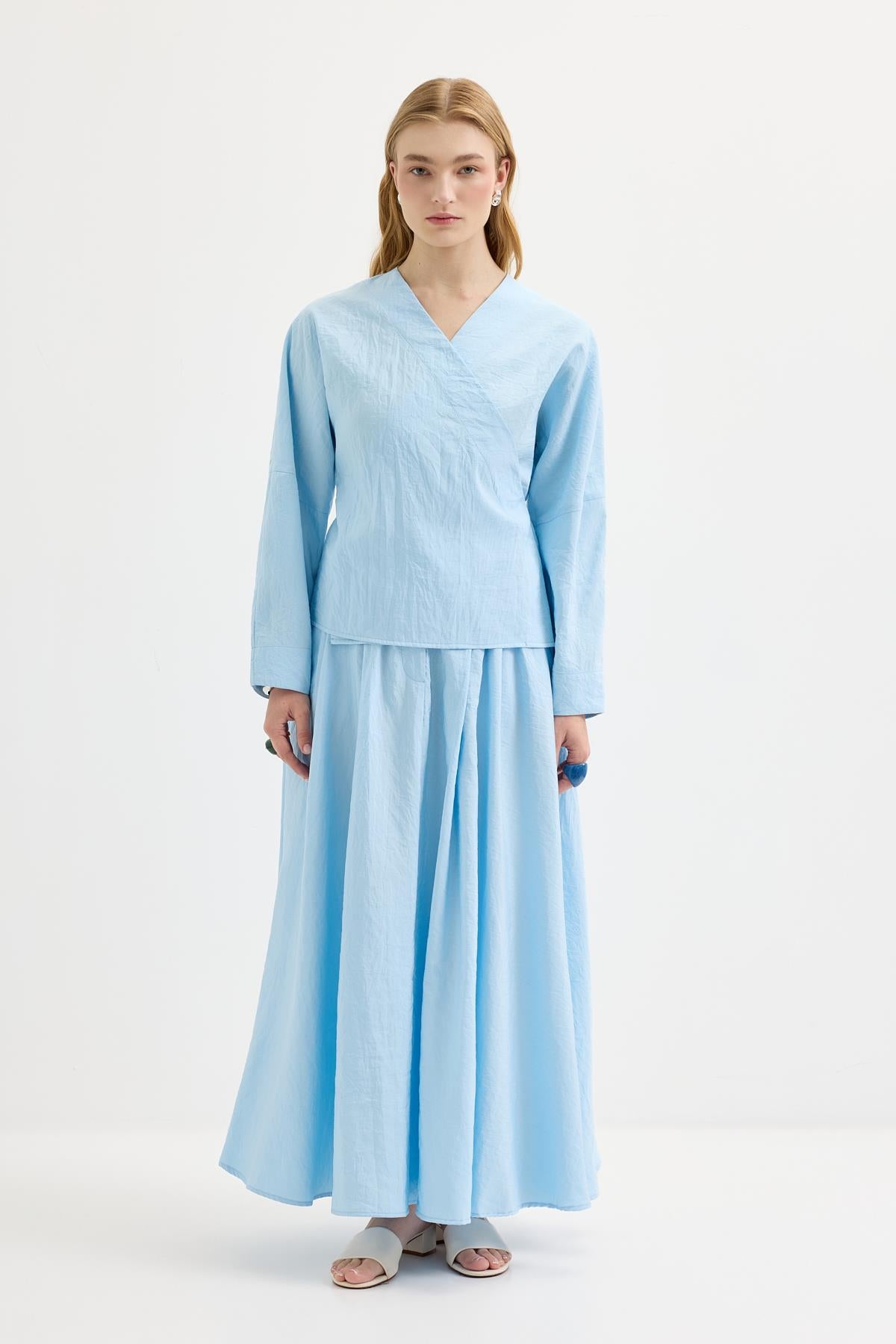 Bağlamalı Kimono Etek Takım Açık Mavi