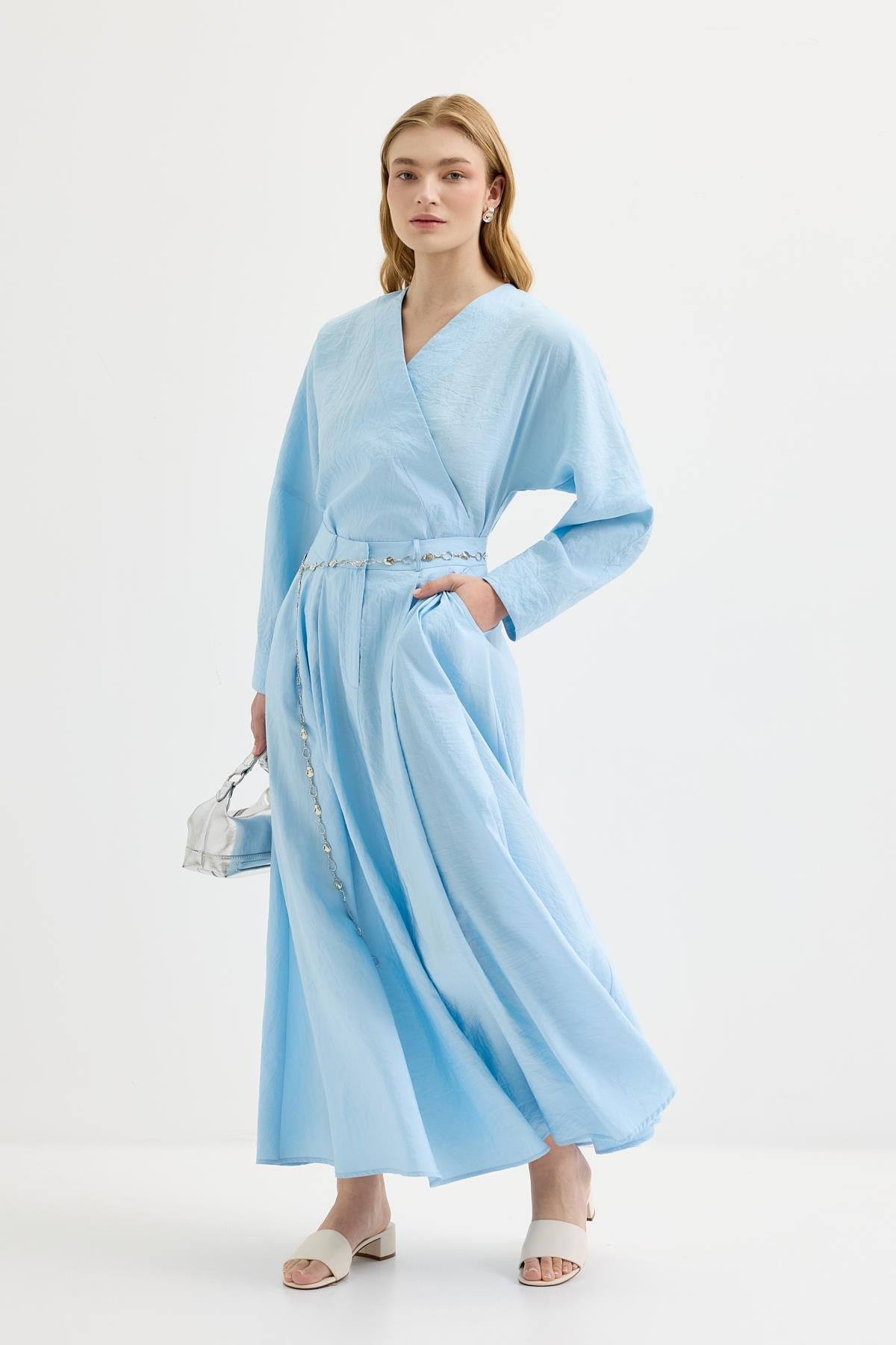 Bağlamalı Kimono Etek Takım Açık Mavi
