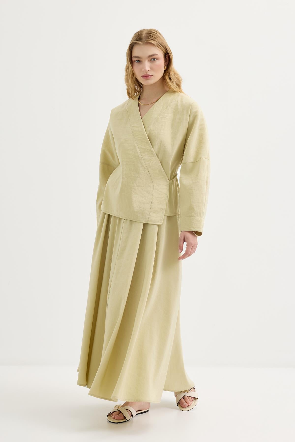 Bağlamalı Kimono Etek Takım Açık Yeşil