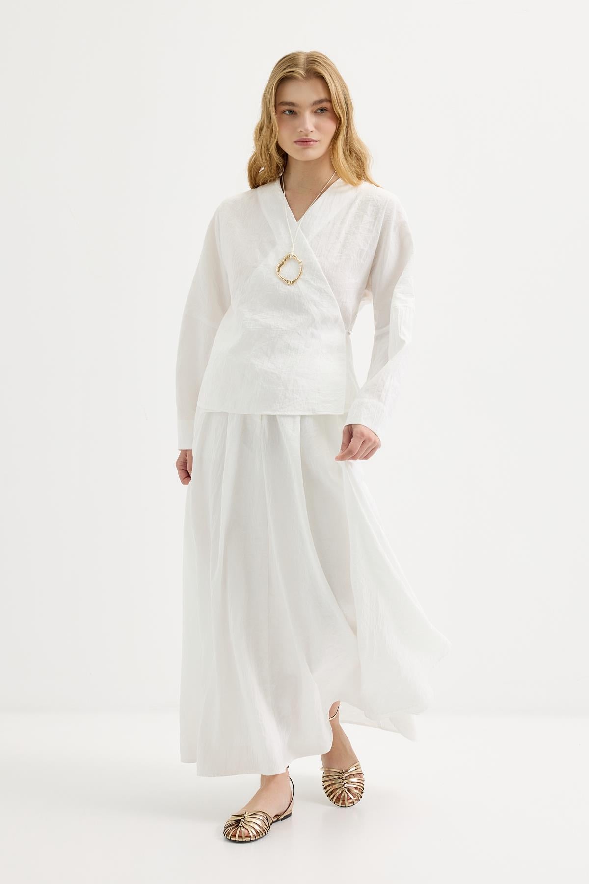Bağlamalı Kimono Etek Takım Beyaz