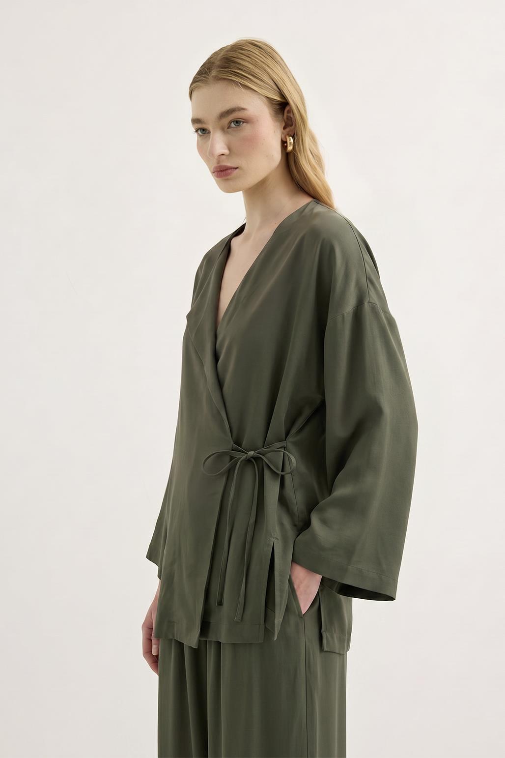 Bağlamalı Kimono Modal Pantolon Takım Haki