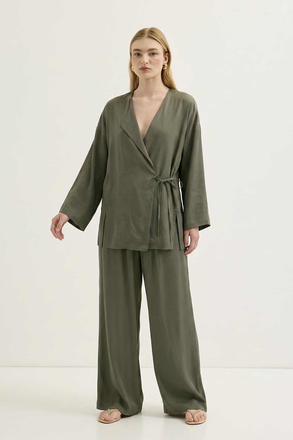 Bağlamalı Kimono Modal Pantolon Takım Haki