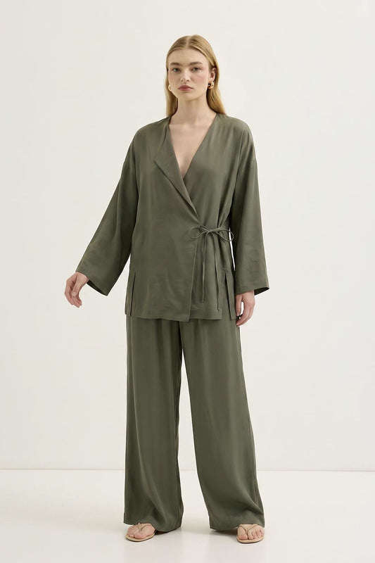 Bağlamalı Kimono Modal Pantolon Takım Haki