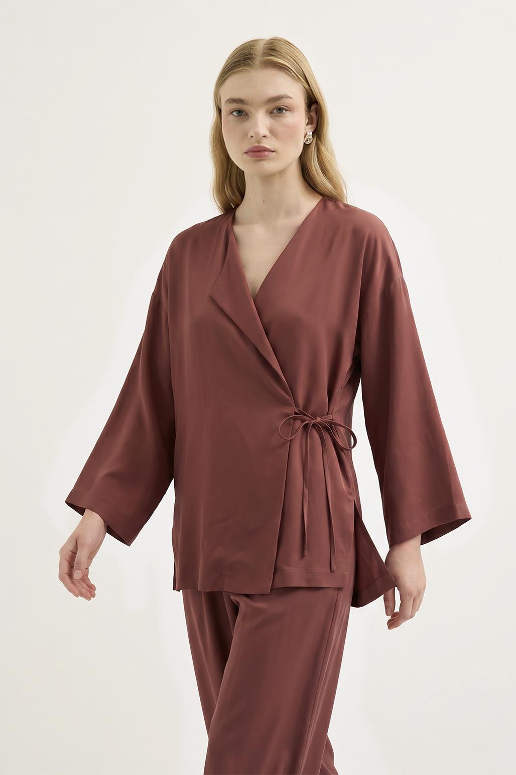 Bağlamalı Kimono Modal Pantolon Takım Mercan