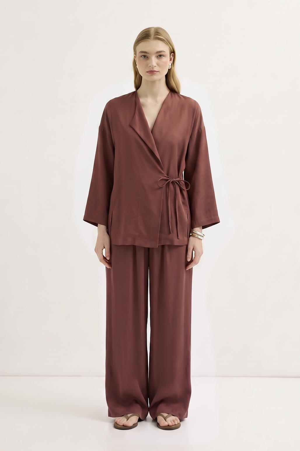 Bağlamalı Kimono Modal Pantolon Takım Mercan