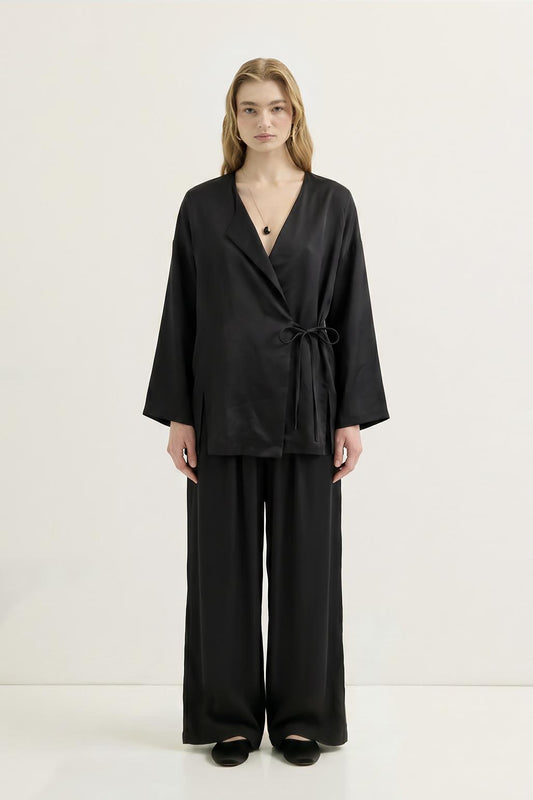 Bağlamalı Kimono Modal Pantolon Takım Siyah