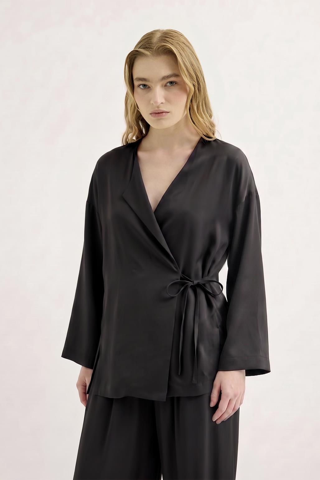 Bağlamalı Kimono Modal Pantolon Takım Siyah