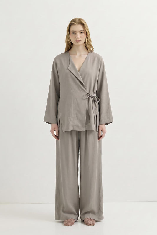 Bağlamalı Kimono Modal Pantolon Takım Taş