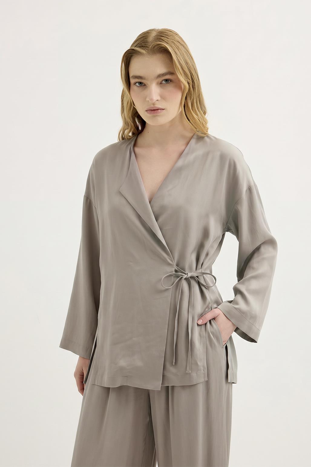 Bağlamalı Kimono Modal Pantolon Takım Taş