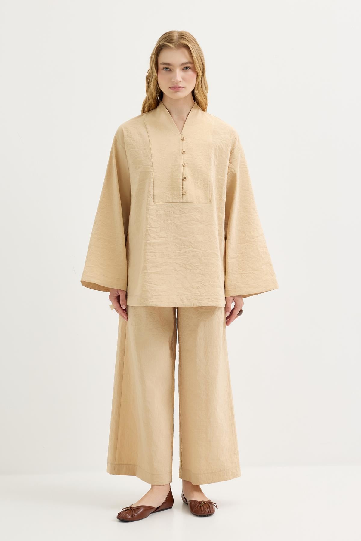 Britli Oversize Tunik Pantolon Takım Deve Tüyü