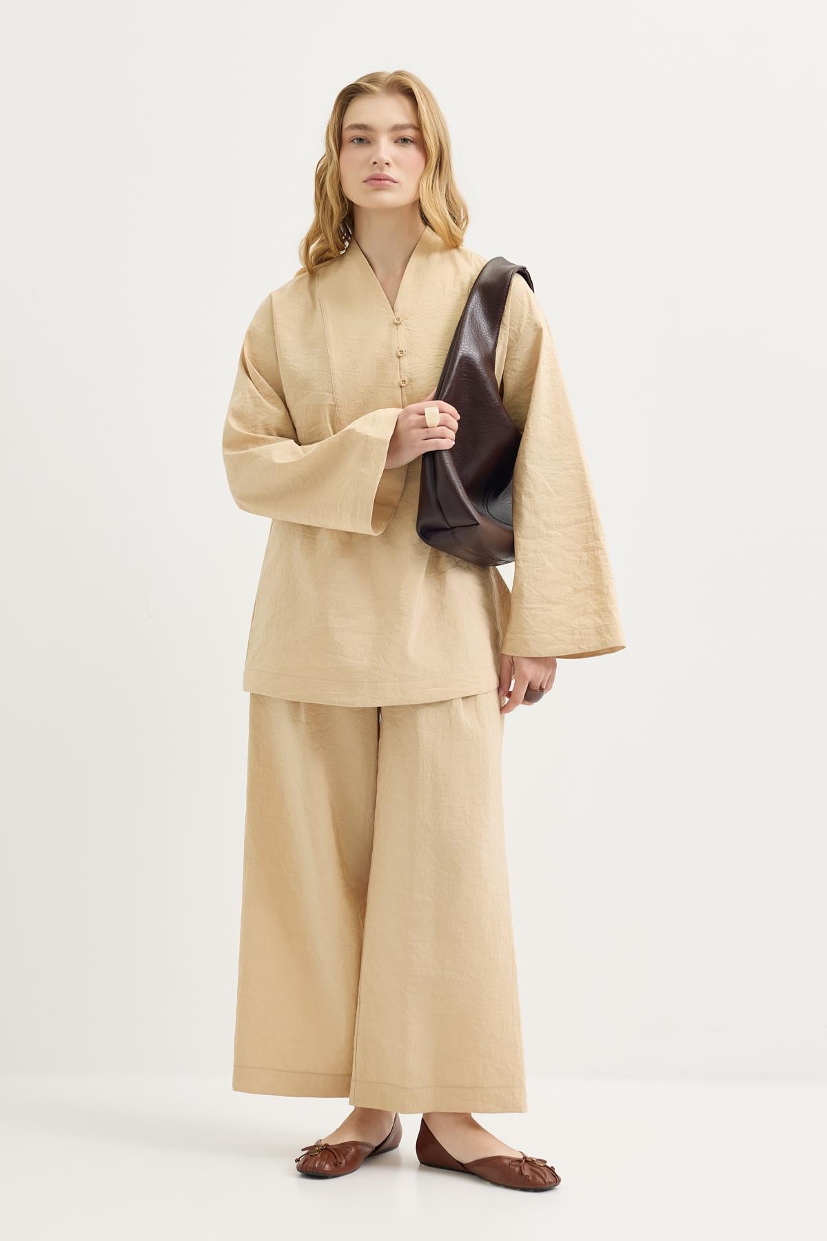 Britli Oversize Tunik Pantolon Takım Deve Tüyü