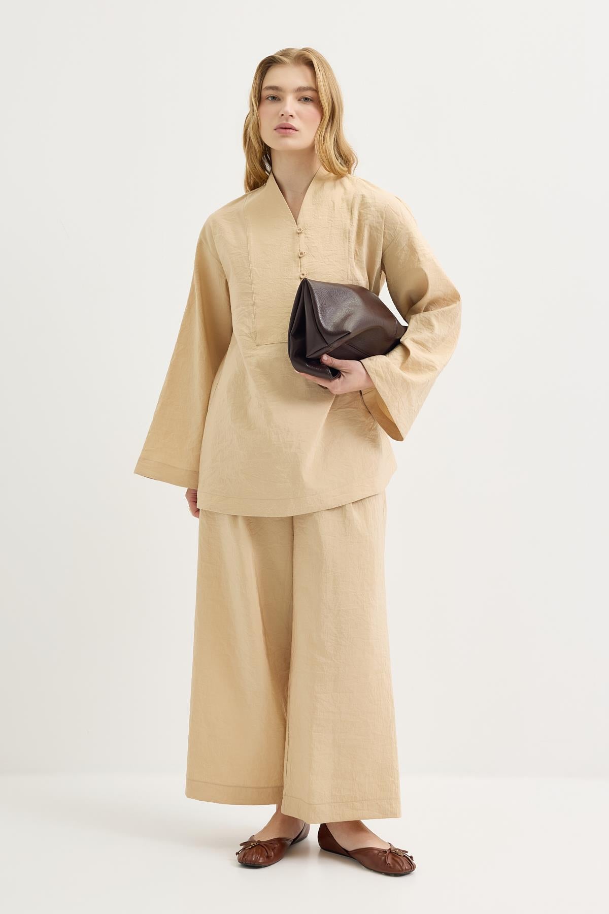 Britli Oversize Tunik Pantolon Takım Deve Tüyü