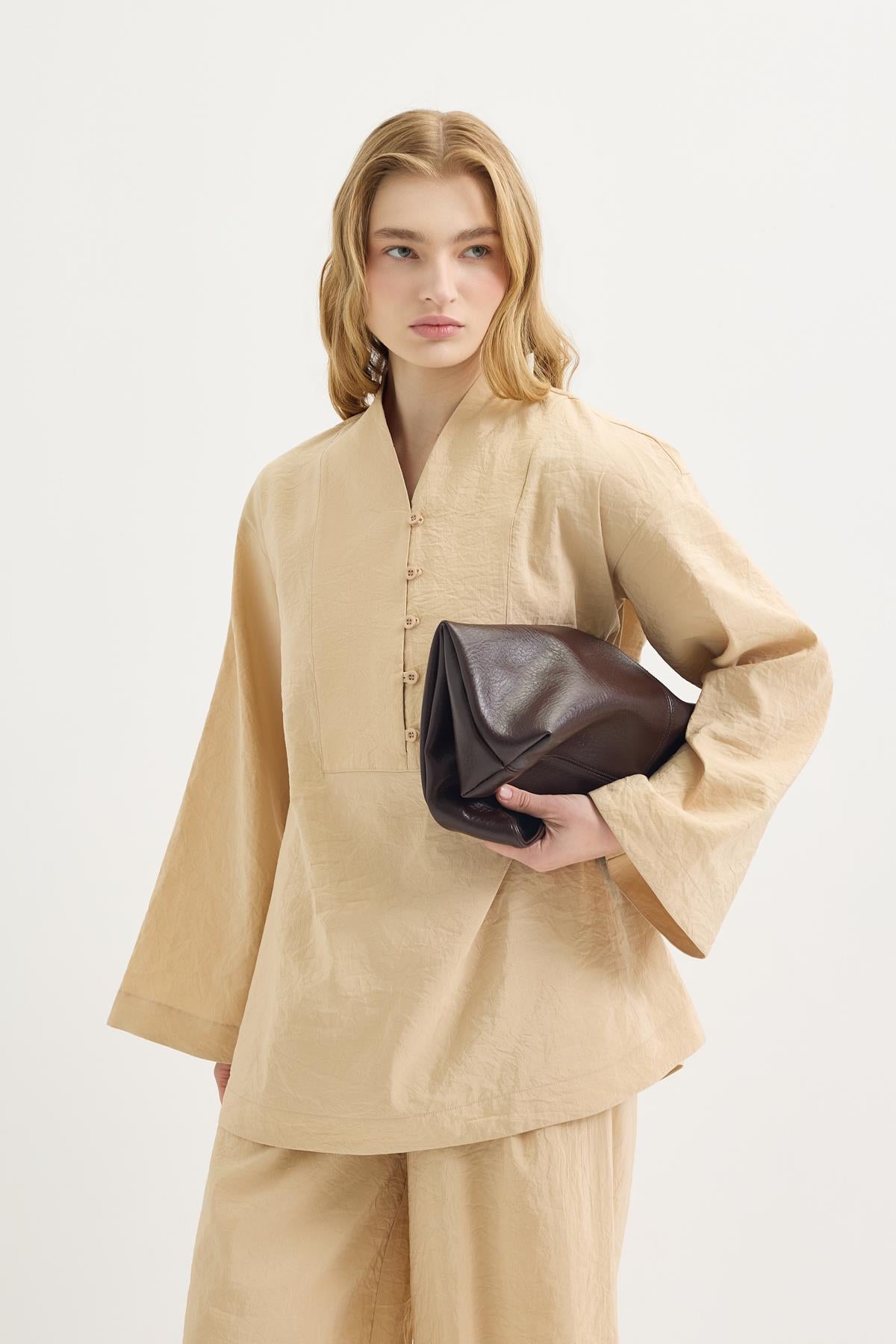 Britli Oversize Tunik Pantolon Takım Deve Tüyü
