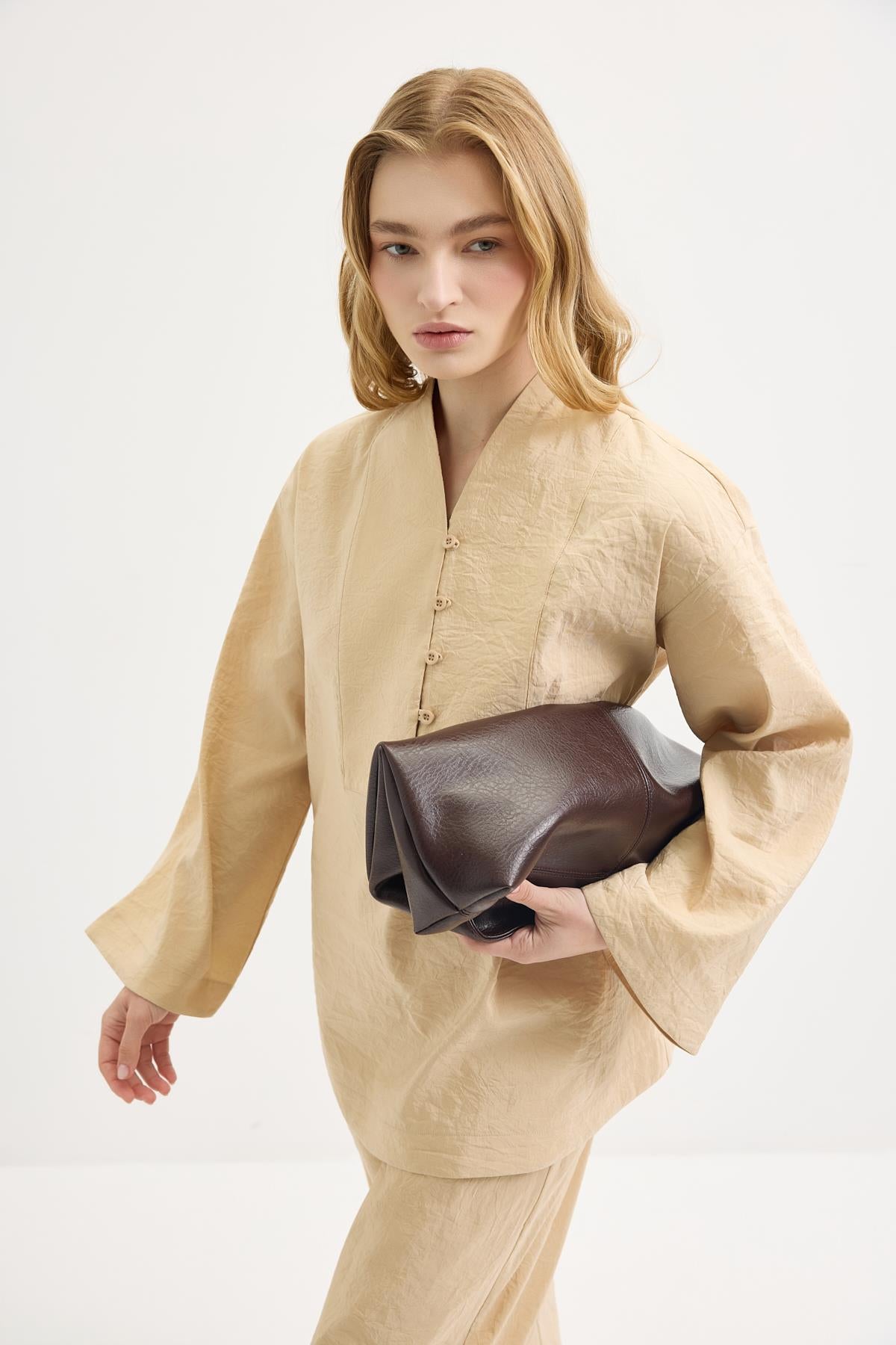 Britli Oversize Tunik Pantolon Takım Deve Tüyü