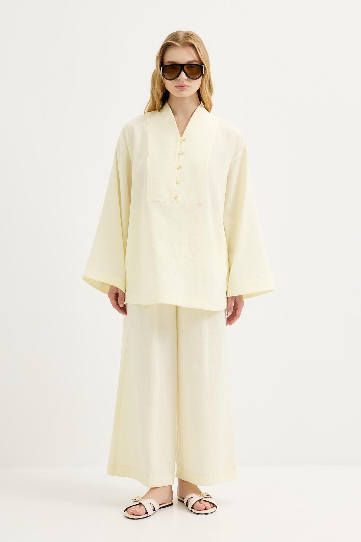 Britli Oversize Tunik Pantolon Takım Sarı