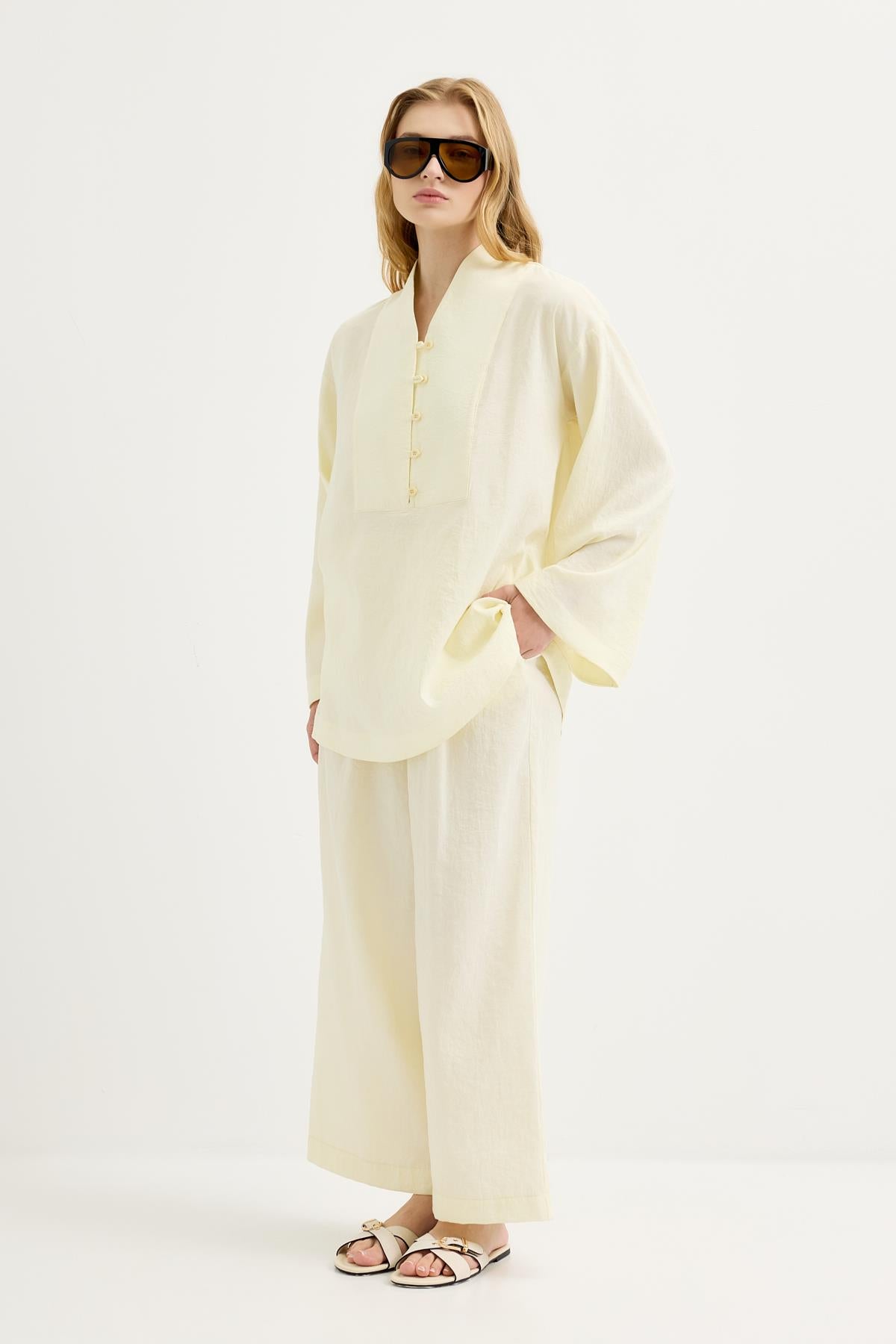 Britli Oversize Tunik Pantolon Takım Sarı