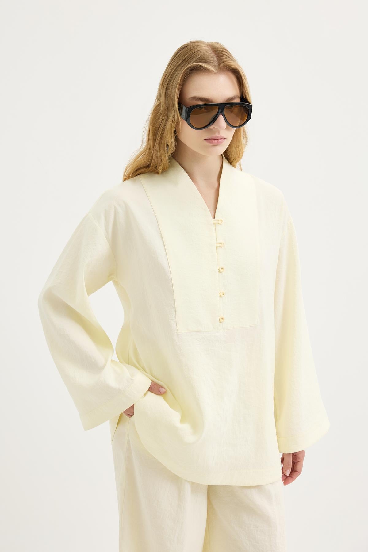 Britli Oversize Tunik Pantolon Takım Sarı