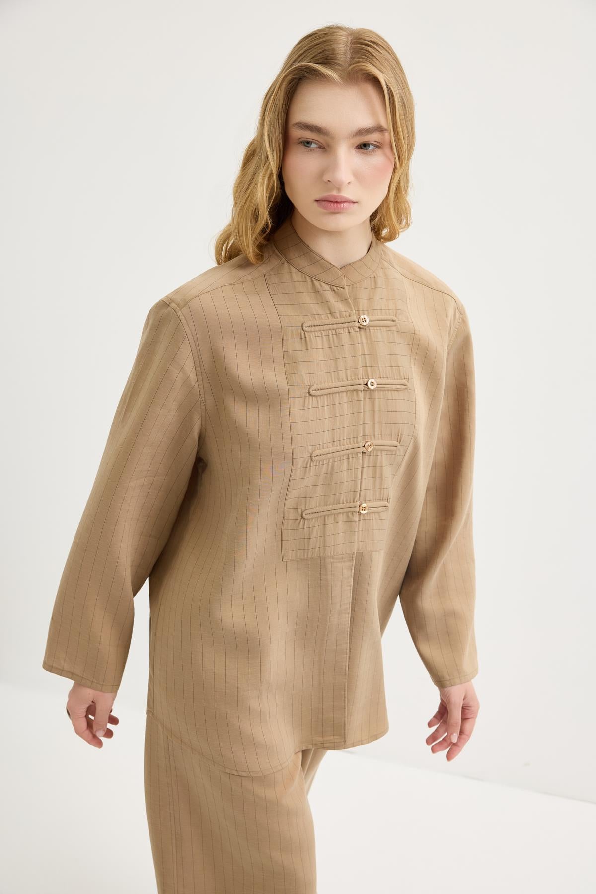 Çizgili Britli Tensel Gömlek Pantolon Takım Camel
