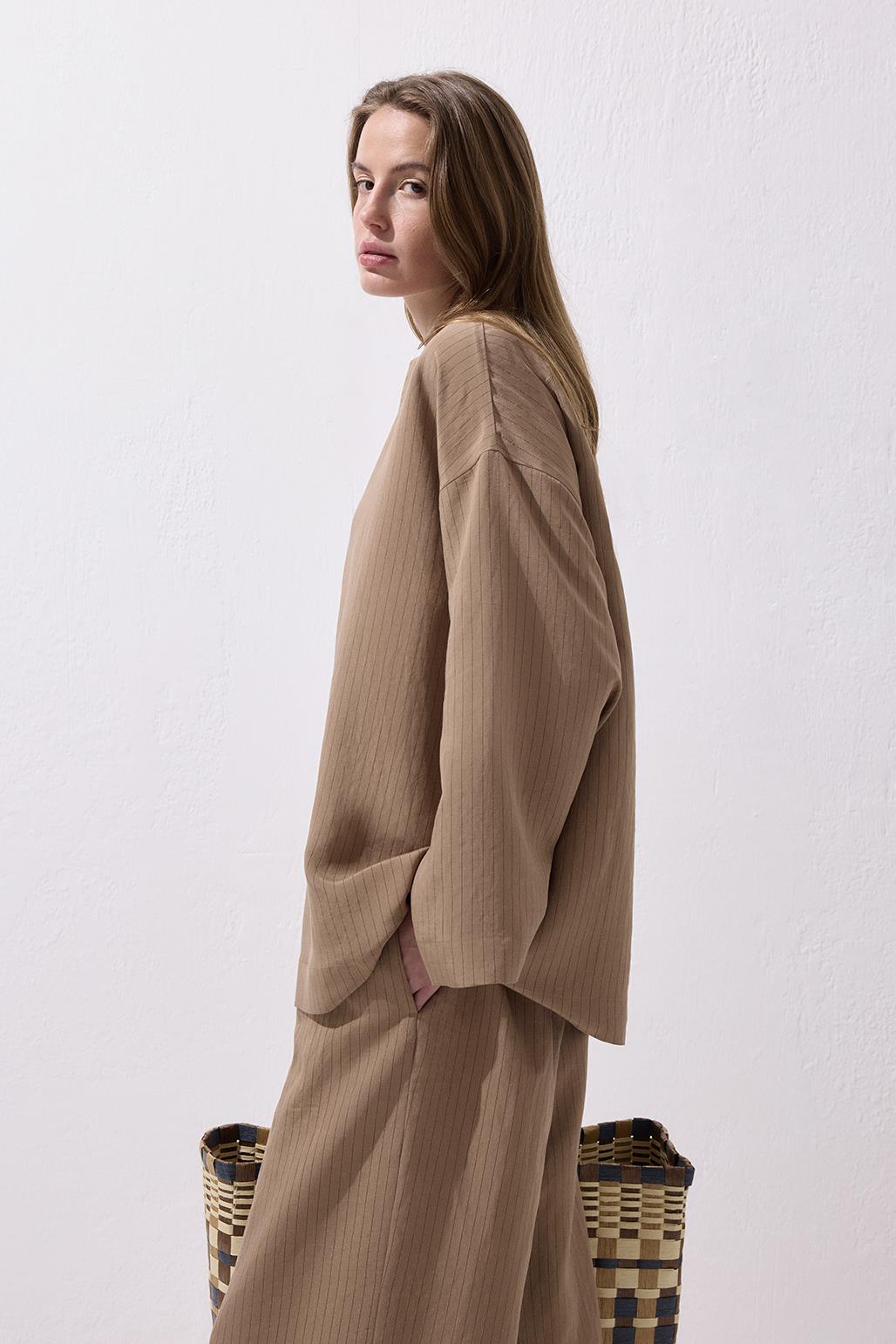 Çizgili Modal Bluz Pantolon Takım Camel