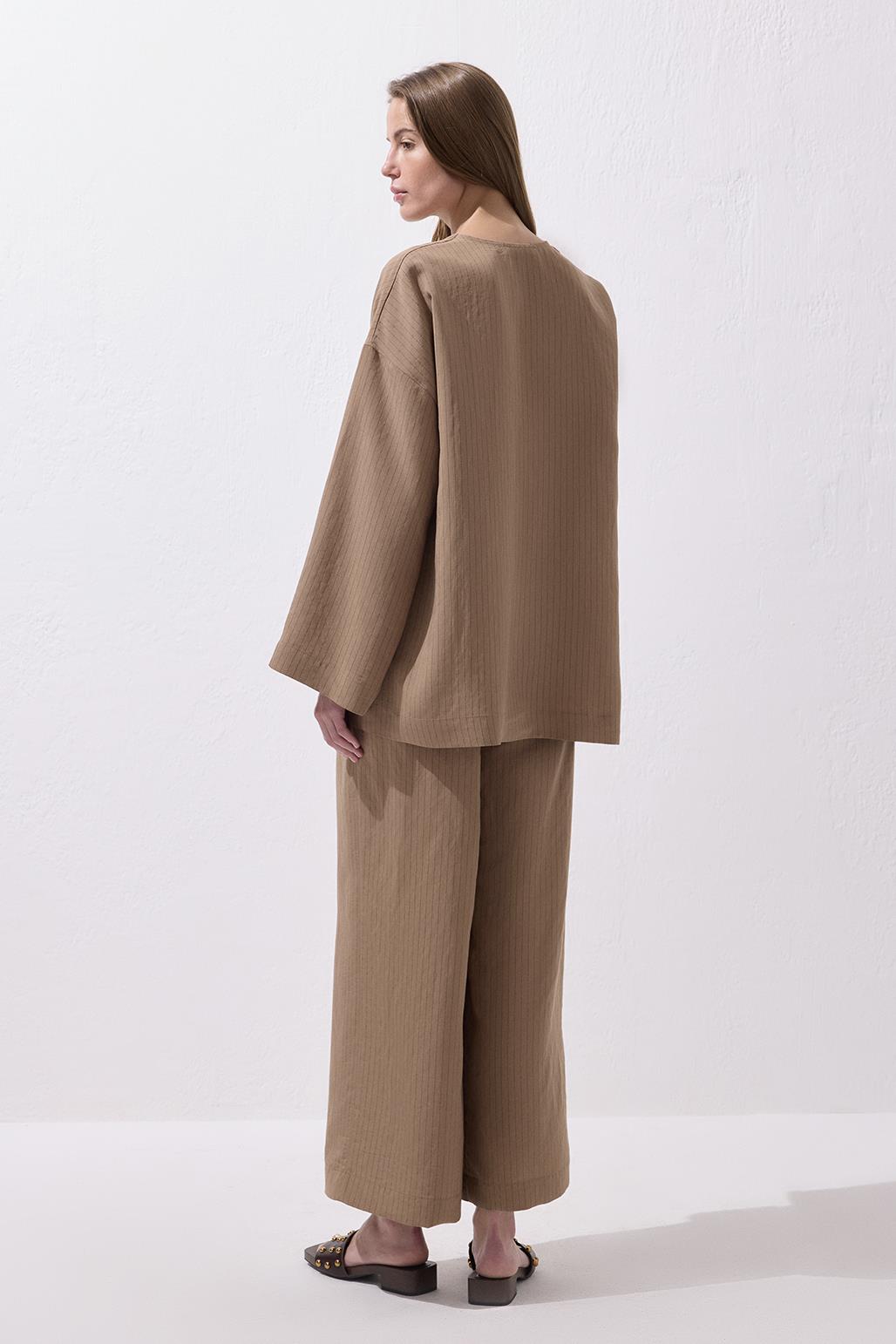 Çizgili Modal Bluz Pantolon Takım Camel