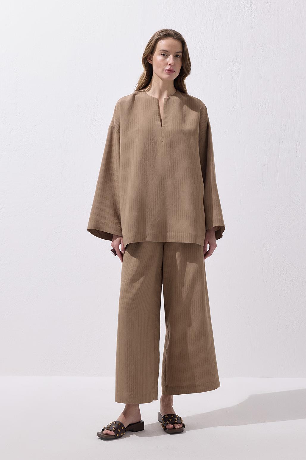 Çizgili Modal Bluz Pantolon Takım Camel