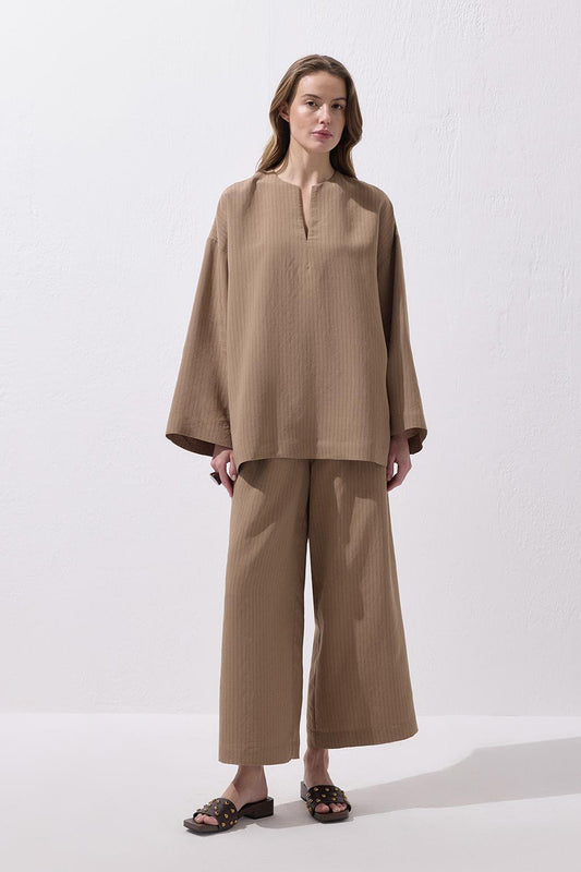 Çizgili Modal Bluz Pantolon Takım Camel