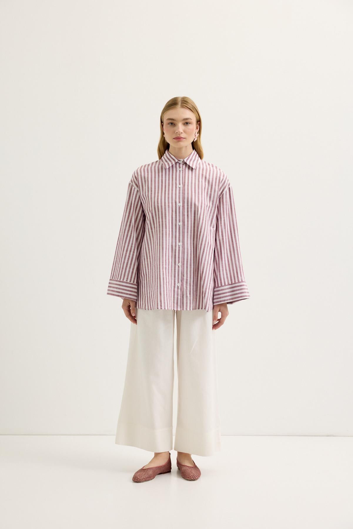 Çizgili Oversize Keten Gömlek Bordo