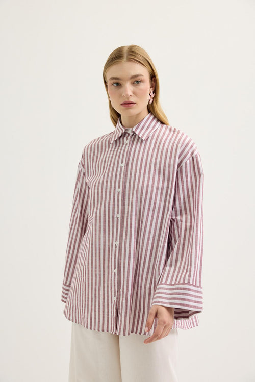 Çizgili Oversize Keten Gömlek Bordo