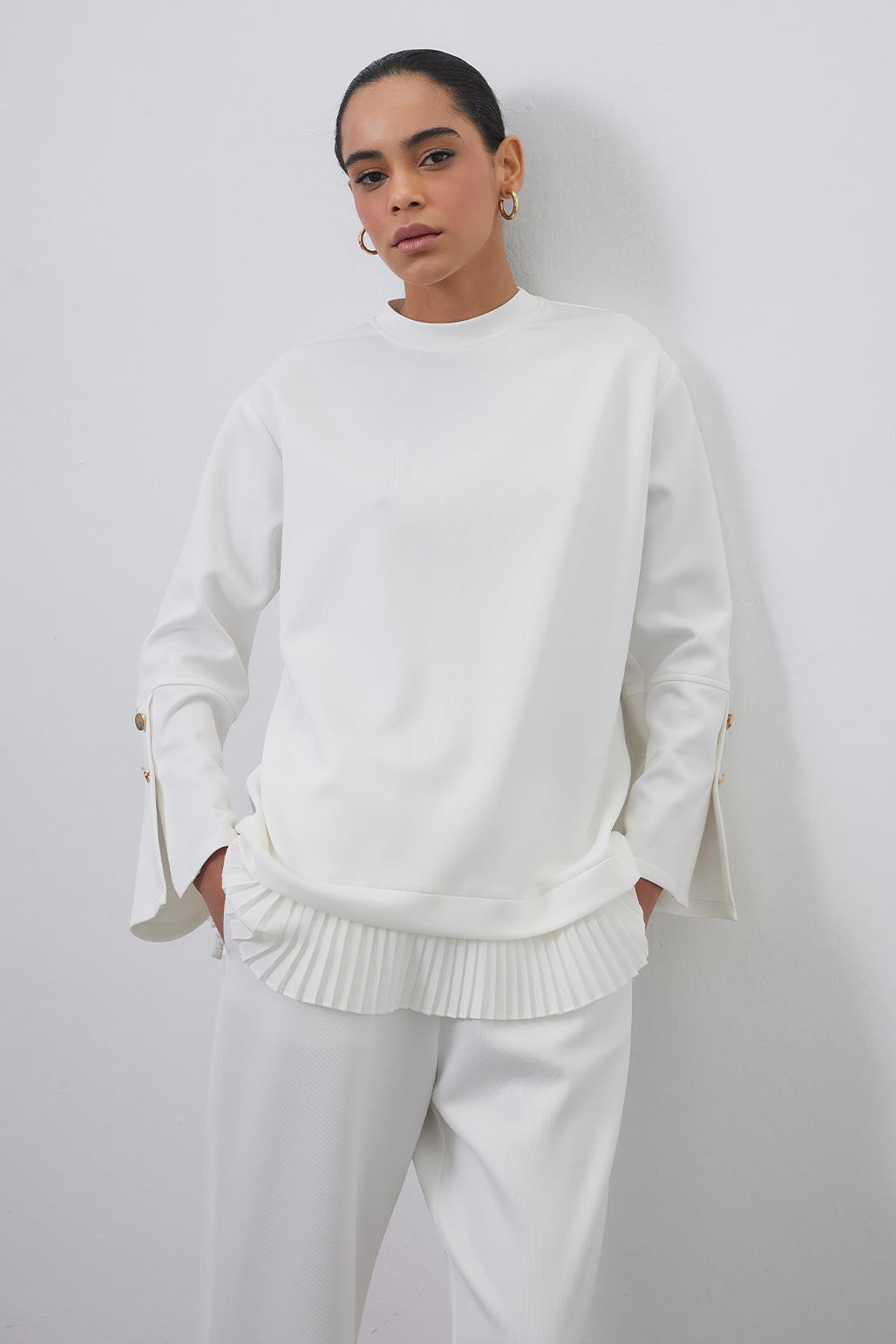 Ekru Tunik Pantolon Takım Pilise Detaylı Yırtmaçlı