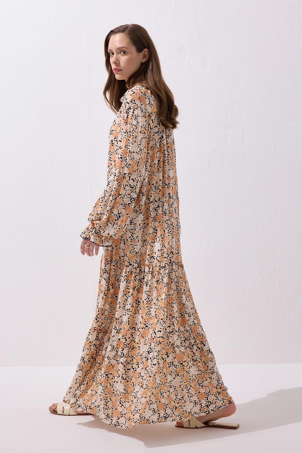 Soft Oranj Desenli Viskon Fırfırlı Uzun Elbise Modeli