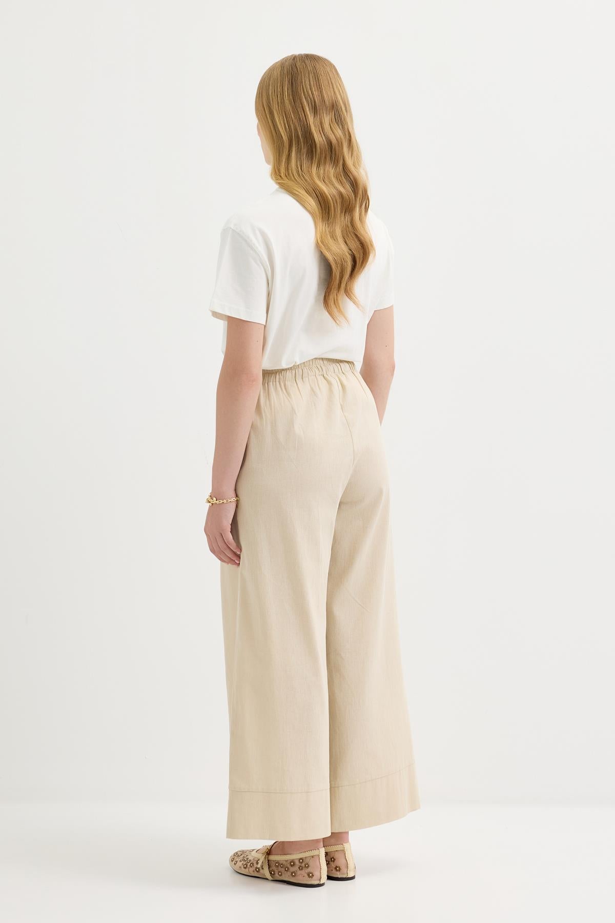 Doren Bağlamalı Keten Pantolon Açık Bej