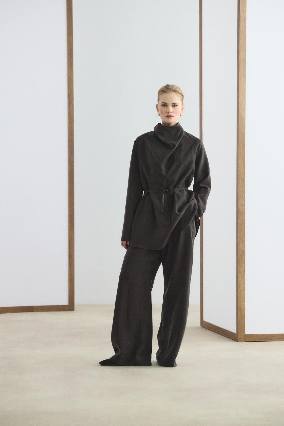 Modern Silüete Sahip Drape Yaka Acı Kahve Set