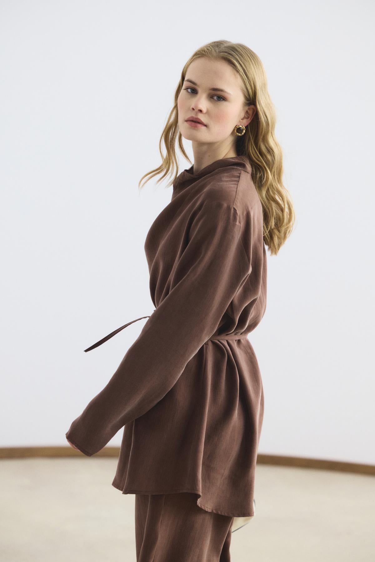 Drape Yaka Tensel Tunik Pantolon Takım Kestane