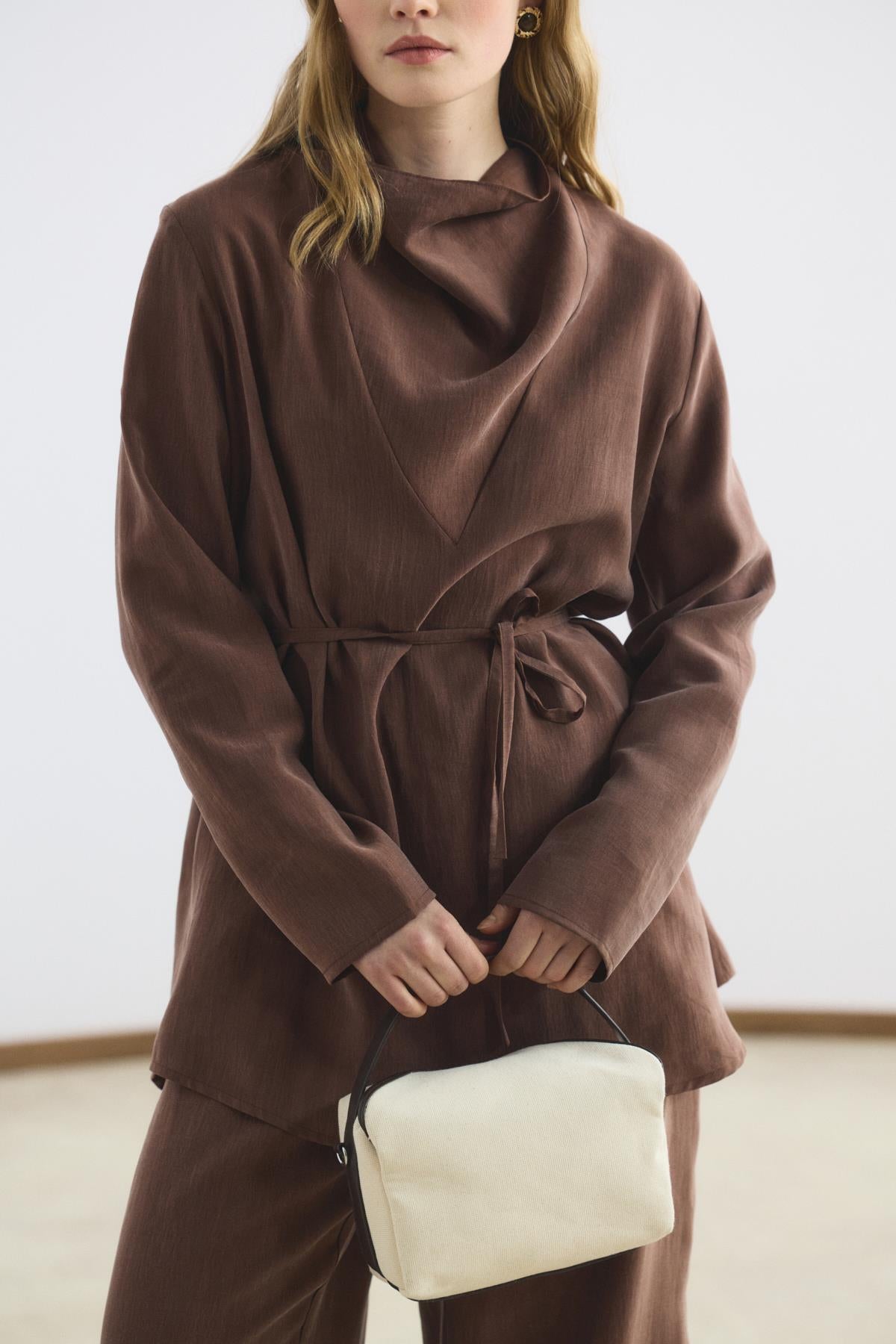 Drape Yaka Tensel Tunik Pantolon Takım Kestane