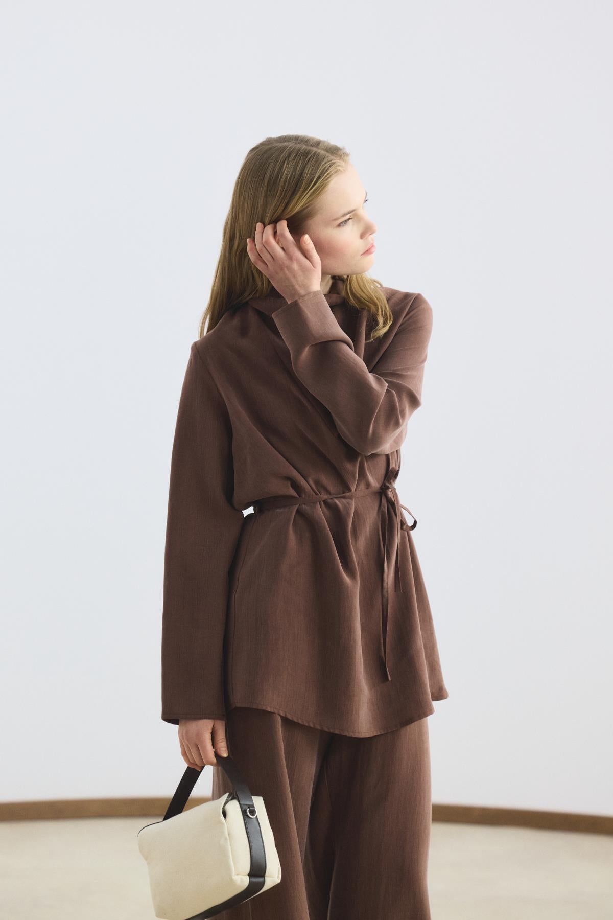 Drape Yaka Tensel Tunik Pantolon Takım Kestane