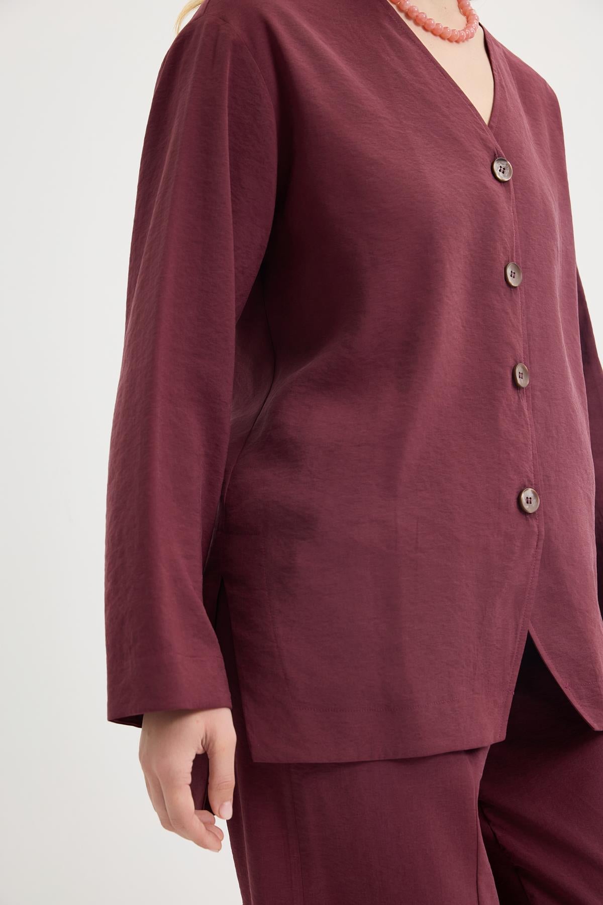 Düğmeli Modal Tunik Pantolon Takım Bordo