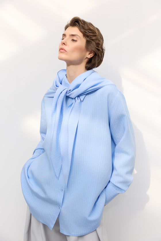 Fularlı Oversize Çizgili Gömlek Açık Mavi